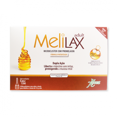 Embalagem do microclister Melilax adult com design branco e castanho e imagem de mel