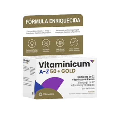 Embalagem de suplemento vitamínico Vitamínicum A-Z 50+ GOLD com design em branco, azul e dourado