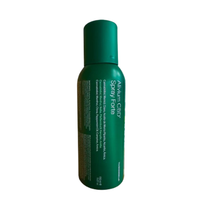 Frasco verde de spray oral Alivium CBD com texto branco