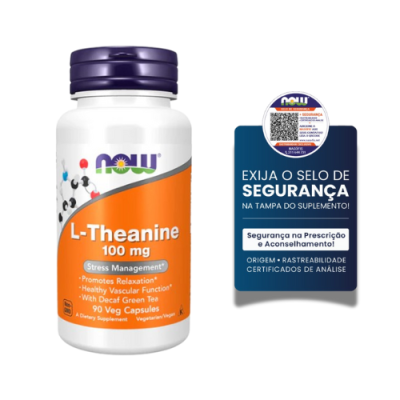 Frasco de suplemento NOW L-Theanine 100 mg com selo de segurança