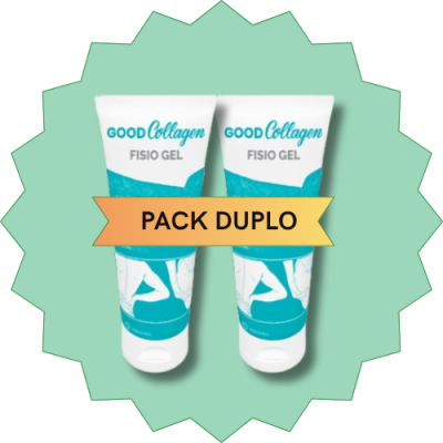 Dois tubos de GoodCollagen Fisio Gel com etiqueta 'PACK DUPLO' em fundo verde claro