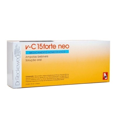 Embalagem do medicamento homeopático v-C 15 forte neo com texto e cores branco, amarelo e laranja.