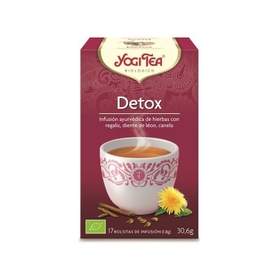 Embalagem de chá Yogi Tea Detox com ervas e chávena de chá