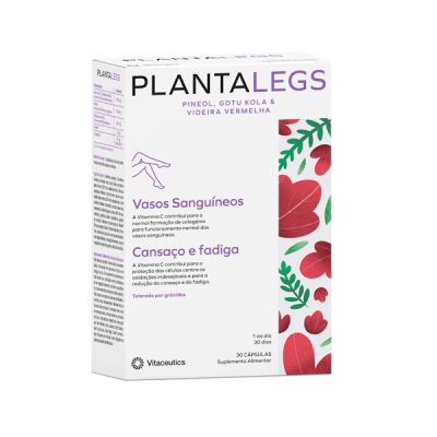 Caixa branca de suplemento Planta Legs com elementos florais vermelhos e texto em português.