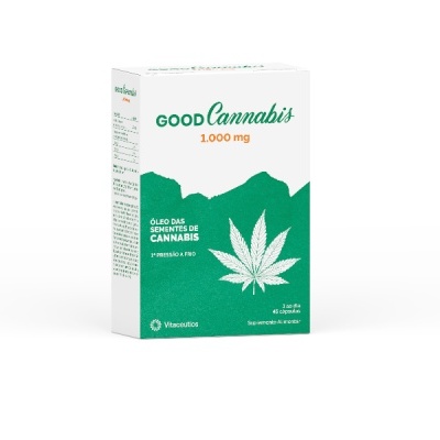 Embalagem de suplemento GOOD Cannabis 1.000 mg com folha verde de cannabis