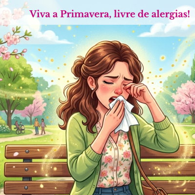 Mulher com alergias na primavera sentada num banco de parque com flores e árvores
