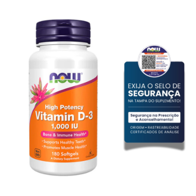 Frasco de vitamina D-3 NOW com selo de segurança