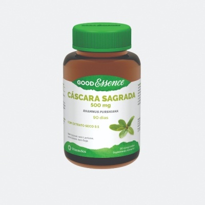 Frasco de suplemento alimentar GoodEssence Cascara Sagrada 500 mg com tampa verde