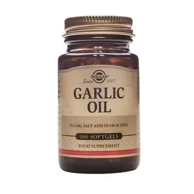 Frasco de suplemento Solgar Garlic Oil com 100 cápsulas moles