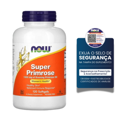 Frasco branco com tampa azul de suplemento NOW Super Primrose