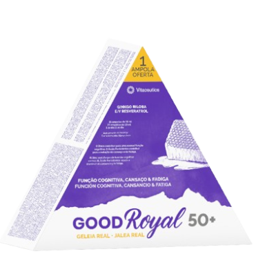 Embalagem triangular do produto GOODRoyal 50+ com geleia real, texto em português e espanhol, fundo branco e roxo.