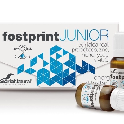 Suplemento Fostprint Junior com embalagem branca e padrão geométrico azul