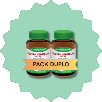 Dois frascos de suplemento Good Essence Videira Vermelha 350 mg com selo 'PACK DUPLO' em fundo verde claro