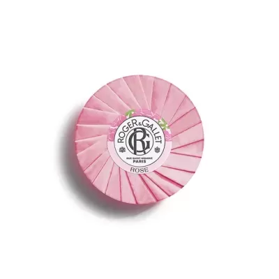 Sabonete redondo embalado em papel rosa com etiqueta branca ROGER & GALLET ROSE