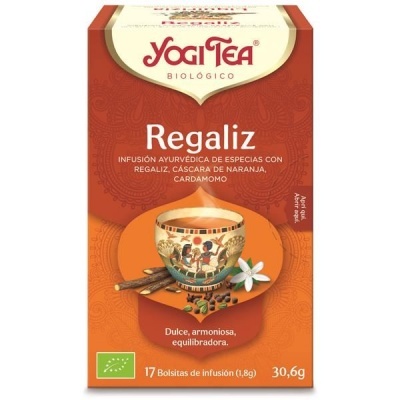 Caixa de chá Yogi Tea Regaliz com especiarias e imagem de chávena decorativa