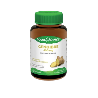 Frasco de suplemento Good Essence Gengibre 400 mg com imagem de gengibre