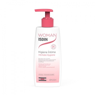 Frasco branco com tampa rosa de produto de higiene íntima ISDIN WOMAN 200 ml