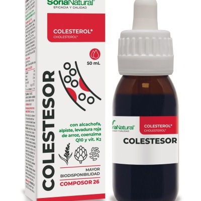 Frasco de vidro castanho com tampa conta-gotas e embalagem branca e vermelha de suplemento para colesterol