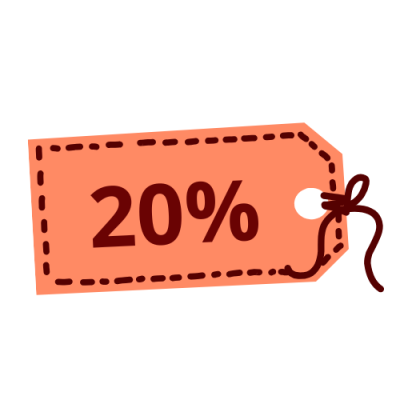 Etiqueta de desconto coral com texto 20% e cordão castanho