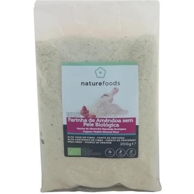 Embalagem plástica transparente de farinha de amêndoa sem pele biológica naturefoods com etiqueta azul, branca e rosa, 200 g