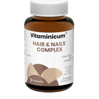 Frasco castanho de suplemento Vitaminicum Hair & Nails Complex com tampa branca