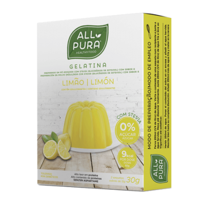 Embalagem de gelatina de limão branca e amarela da ALLPURA com imagem do produto em gelatina amarela e limão.