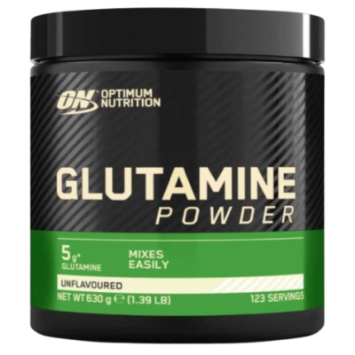 Frasco preto de suplemento glutamina em pó da Optimum Nutrition com etiqueta preta e verde