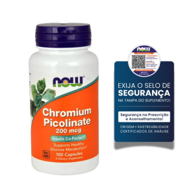 frasco suplemento NOW Chromium Picolinate com selo de segurança