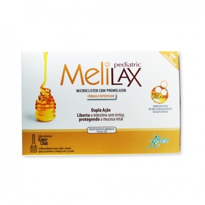 Embalagem do microclister Melilax pediatric com imagem de mel e texto informativo