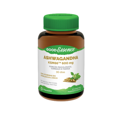 Frasco de suplemento Ashwagandha Good Essence com rótulo branco e verde e tampa verde