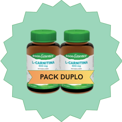Frascos de suplemento L-Carnitina GoodEssence com rótulo e tampa verde, informações visíveis e faixa com texto PACK DUPLO