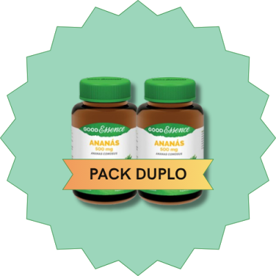 Dois frascos de suplemento GOOD ESSENCE ANANÁS 500 mg com tampa verde e faixa PACK DUPLO