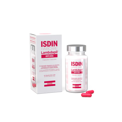 Frasco ISDIN Haircare Lambdapil Anticaída com cápsulas e caixa ao lado
