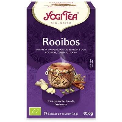 Caixa roxa de chá Yogi Tea Biológico Rooibos com imagem de chávena e especiarias.