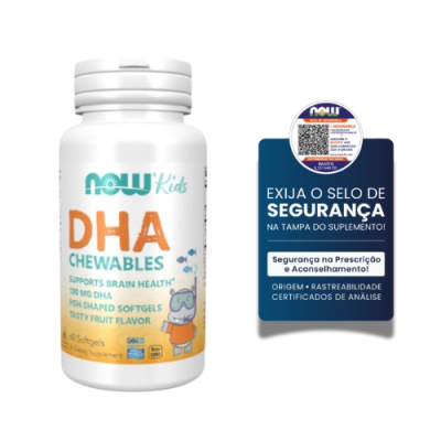 Frasco branco de suplemento infantil NOW Kids DHA Chewables com selo de segurança azul ao lado
