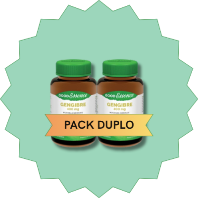 Frascos de suplemento Good Essence Ginger 400 mg com faixa 'PACK DUPLO' em fundo verde claro