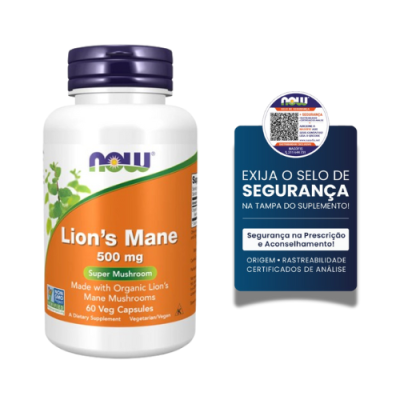 Frasco branco com tampa roxa de suplemento NOW Lion's Mane 500 mg e selo de segurança