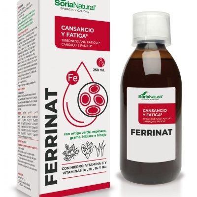 frasco e caixa do suplemento Ferrinat para cansaço e fadiga