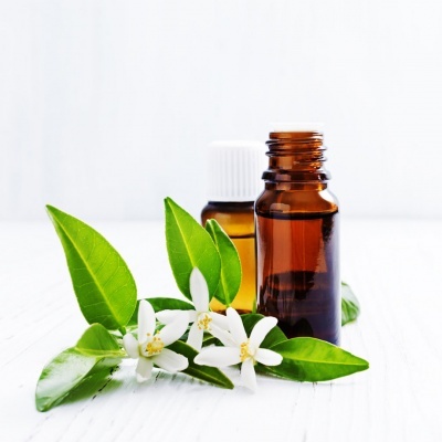 Frascos de vidro âmbar com flores brancas e folhas verdes sobre superfície branca