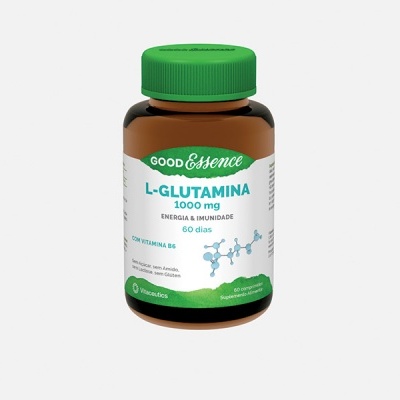 Frasco de suplemento L-Glutamina 1000 mg Good Essence com tampa verde