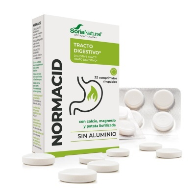 Medicamento Normacid Soria Natural para tratamento digestivo, embalagem branca e verde, 32 comprimidos chupáveis