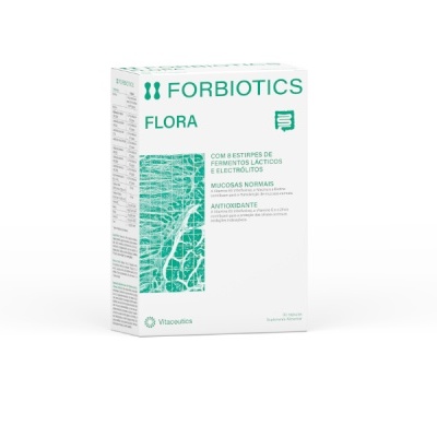 Caixa de suplemento FORBIOTICS FLORA de cor branca com texto verde e ilustração abstrata verde