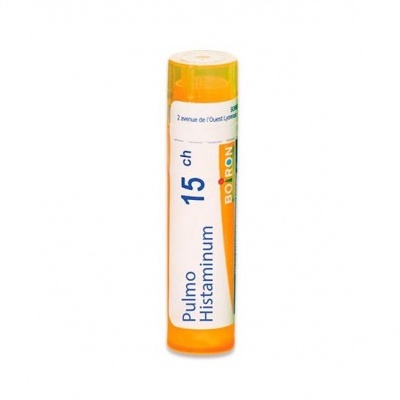 Frasco laranja de medicamento Pulmo Histaminum 15CH BORON com tampa amarela.