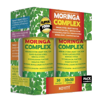 Embalagem de suplemento alimentar Moringa Complex com design verde e amarelo e texto 'SUPER FOOD'