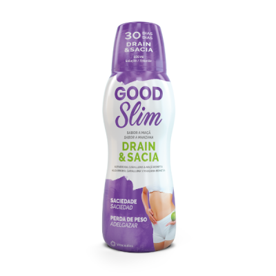 Frasco branco e roxo com rótulo GOOD Slim e texto DRAIN & SACIA