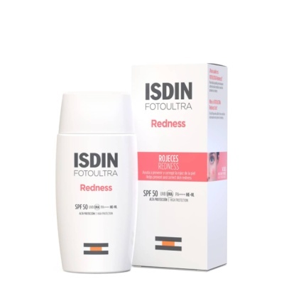 Produto ISDIN Fotoultra Redness com embalagem branca e caixa ao fundo