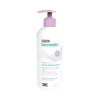 Frasco branco de gel íntimo com doseador roxo e rótulo colorido em fundo branco