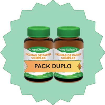 Pack duplo de duas garrafas de suplementos Good Essence Enzimas de Papaia Complex com tampas verdes e rótulos coloridos
