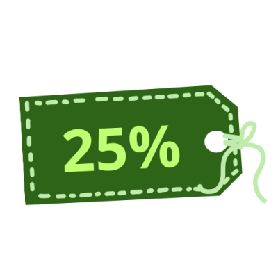 Etiqueta verde com texto 25% e cordão amarrado
