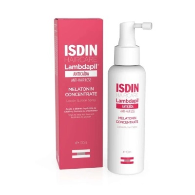 Spray branco ISDIN Haircare Lambdapil Anticaída com caixa rosa